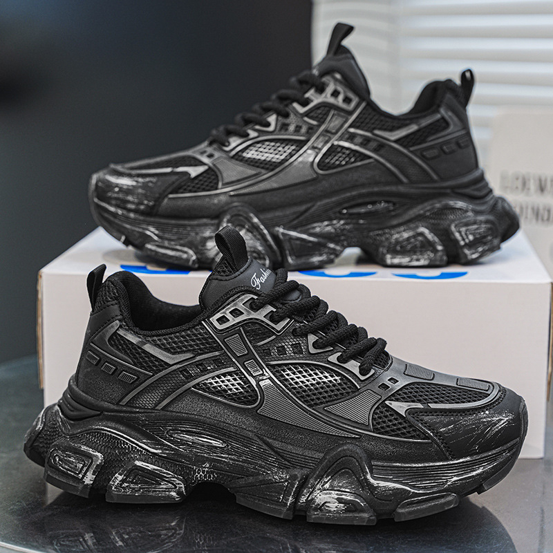 Pantofi sport casual pentru bărbați cu talpă groasă, partea superioară din plasă respirabilă, design care mărește înălțimea, șireturi, pantofi sport albi