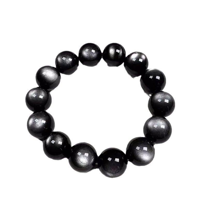 Brățară naturală cu mărgele din obsidian argintiu, unisex, cu ochi de pisică dubli, cristale și jad