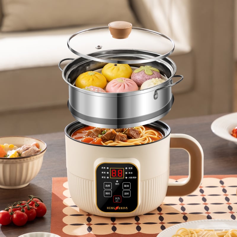 Oală electrică multifuncțională pentru uz casnic, cămine studențești și birou; vas compact all-in-one de 2 L pentru prăjit, sotat, fiert și abur.