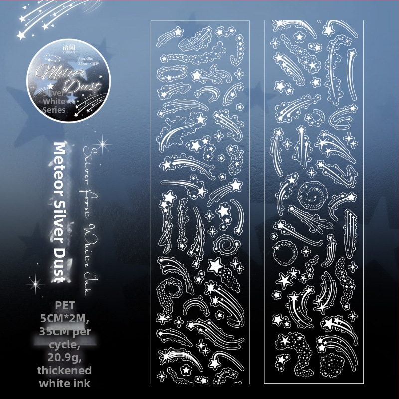 Pečiatka Yuxian Journal Tape - strieborný atrament s bielym atramentom, univerzálna koláž kariet v štýle INS, priehľadné vodeodolné vyrezávané nálepky