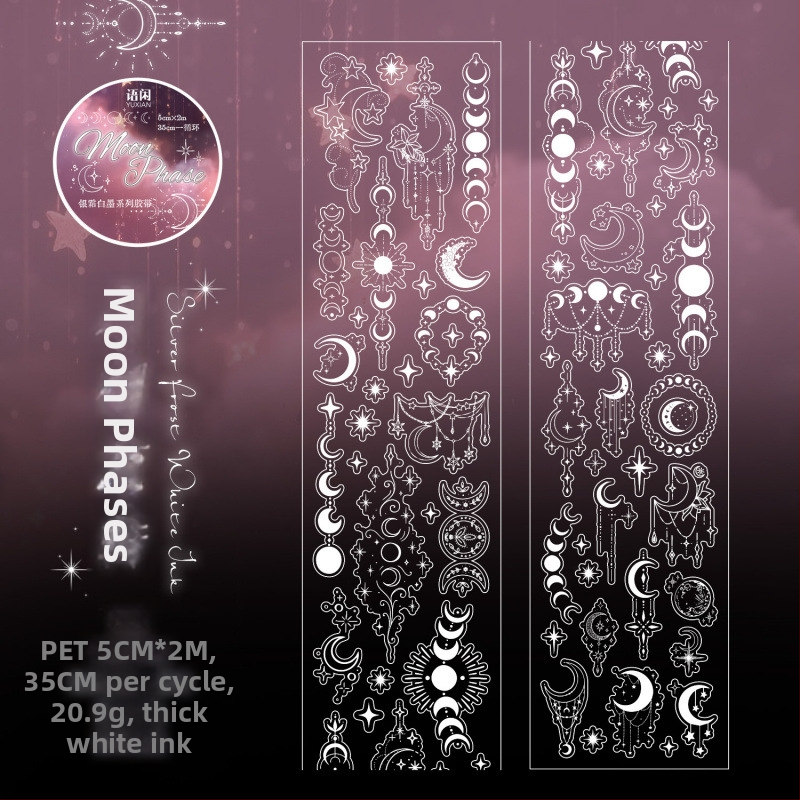 Pečiatka Yuxian Journal Tape - strieborný atrament s bielym atramentom, univerzálna koláž kariet v štýle INS, priehľadné vodeodolné vyrezávané nálepky