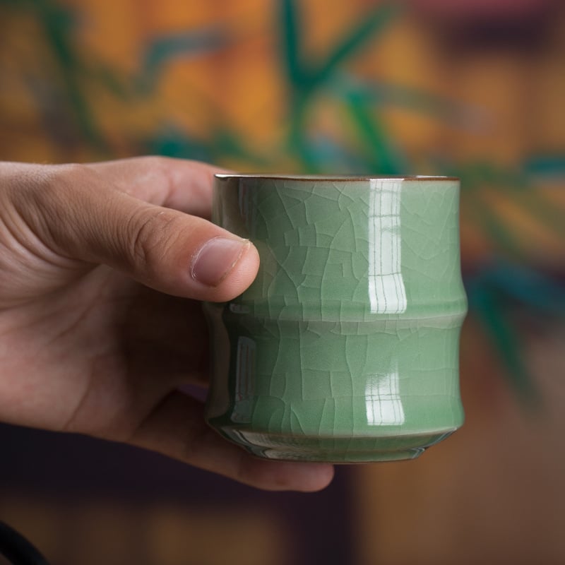 CEAȘĂ de ceai din ceramică Celadon cu segment de bambus, pentru birou și întâlniri cu oaspeți, stil chinezesc, mic bol de ceai pentru acasă