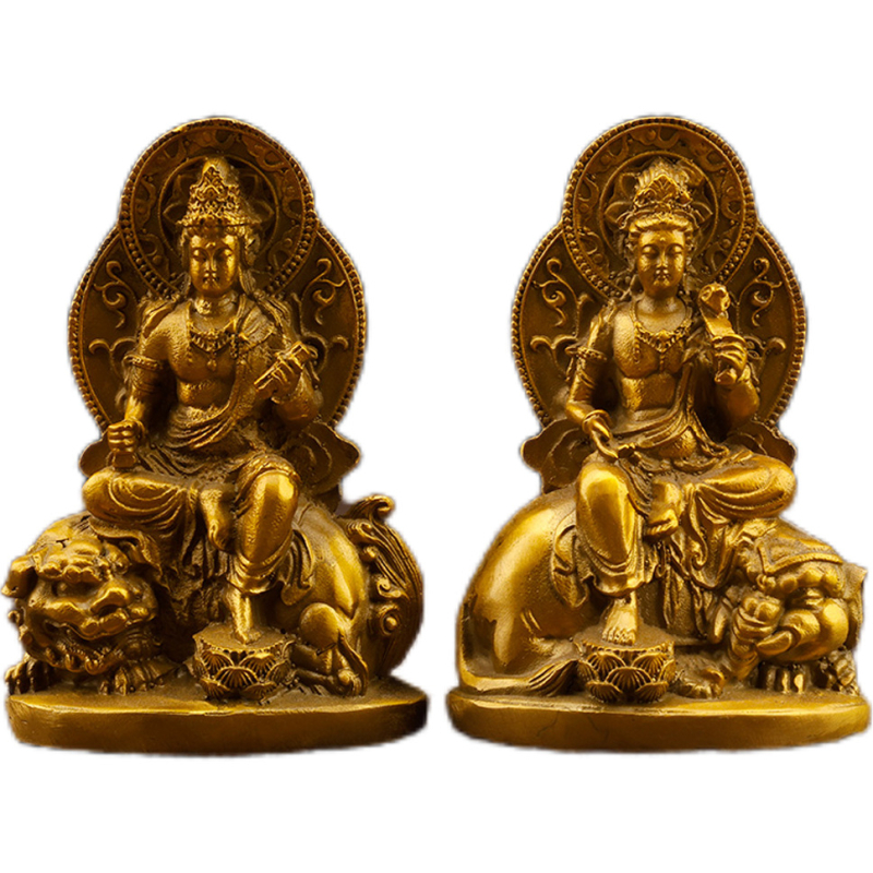 Statui din alamă ale Bodhisattva Manjushri și Samantabhadra cu aureolă, pentru rugăciune acasă și la templu
