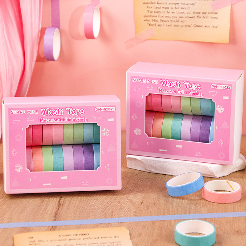 Macaron pasztell washi szalagkészlet – 20 tekercs, retro egyszínű és színes nyomtatott szalagok naplóhoz