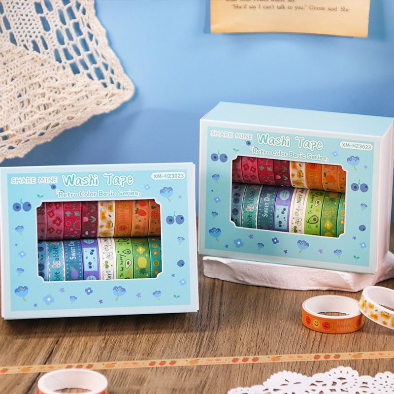 Macaron pasztell washi szalagkészlet – 20 tekercs, retro egyszínű és színes nyomtatott szalagok naplóhoz