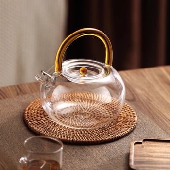 Ceainic din sticlă borosilicată cu mâner, design floral, rezistent la căldură, stil modern minimalist