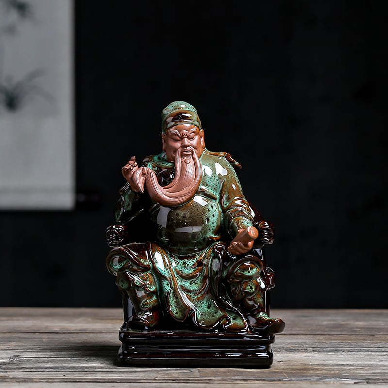 Statuie Guan Yu, Zeul Prosperității, din lut Zisha, decor Feng Shui pentru sufragerie, mică dimensiune