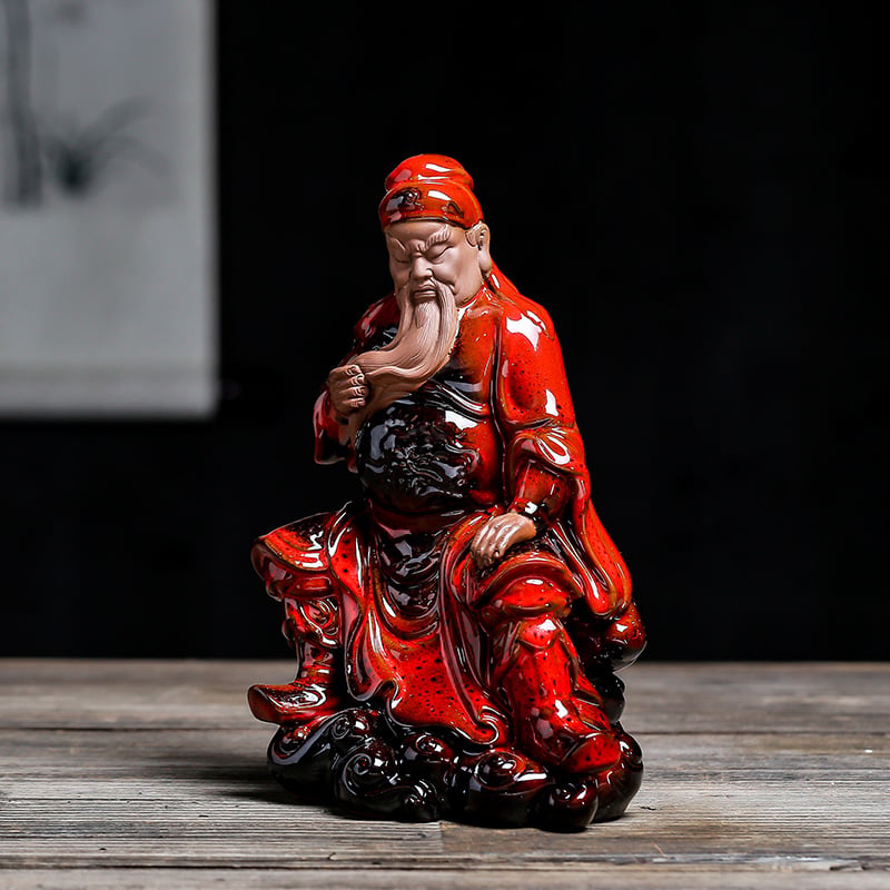 Statuie Guan Yu, Zeul Prosperității, din lut Zisha, decor Feng Shui pentru sufragerie, mică dimensiune