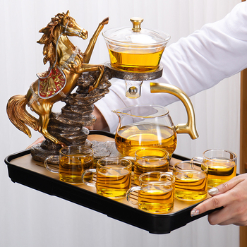 Set Gongfu de ceai din sticlă cu infuzor magnetic — ceainic și cești, sticlă rezistentă la căldură, tavă din bambus, pentru 6–10 persoane, design modern
