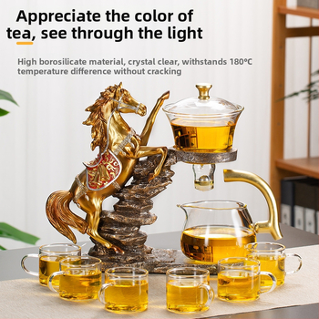 Set Gongfu de ceai din sticlă cu infuzor magnetic — ceainic și cești, sticlă rezistentă la căldură, tavă din bambus, pentru 6–10 persoane, design modern