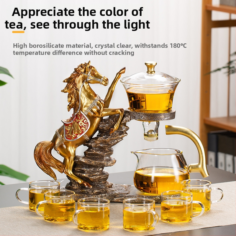 Set Gongfu de ceai din sticlă cu infuzor magnetic — ceainic și cești, sticlă rezistentă la căldură, tavă din bambus, pentru 6–10 persoane, design modern