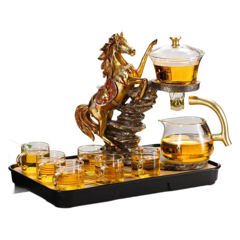 Set Gongfu de ceai din sticlă cu infuzor magnetic — ceainic și cești, sticlă rezistentă la căldură, tavă din bambus, pentru 6–10 persoane, design modern