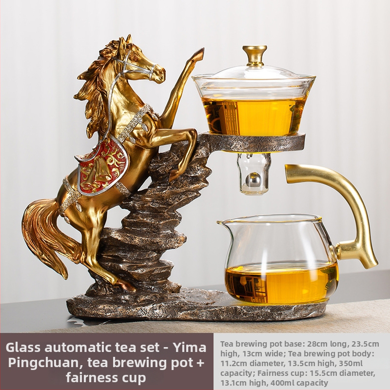 Set Gongfu de ceai din sticlă cu infuzor magnetic — ceainic și cești, sticlă rezistentă la căldură, tavă din bambus, pentru 6–10 persoane, design modern