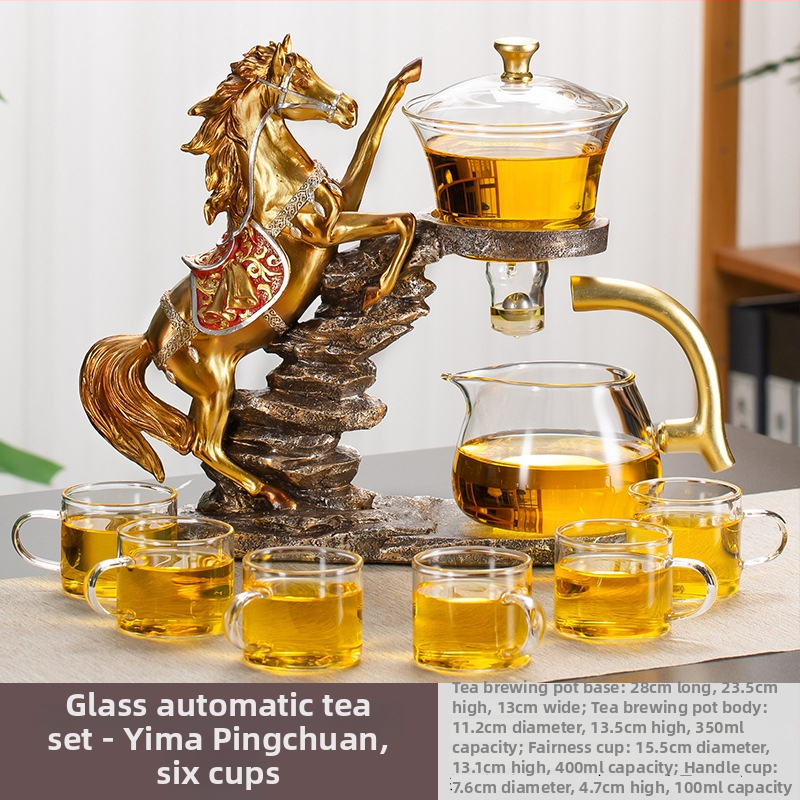 Set Gongfu de ceai din sticlă cu infuzor magnetic — ceainic și cești, sticlă rezistentă la căldură, tavă din bambus, pentru 6–10 persoane, design modern
