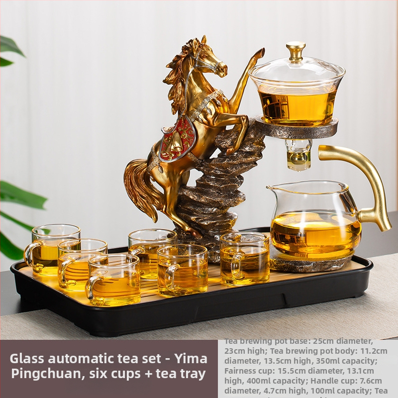 Set Gongfu de ceai din sticlă cu infuzor magnetic — ceainic și cești, sticlă rezistentă la căldură, tavă din bambus, pentru 6–10 persoane, design modern