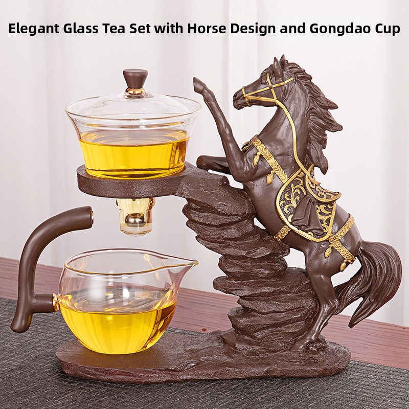 Set Gongfu de ceai din sticlă cu infuzor magnetic — ceainic și cești, sticlă rezistentă la căldură, tavă din bambus, pentru 6–10 persoane, design modern