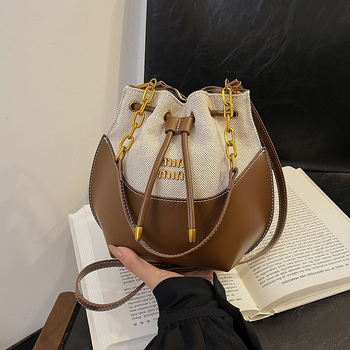 Geantă bucket cu lanț pentru femei, patchwork din in, mică, pentru umăr sau crossbody, primăvară 2026