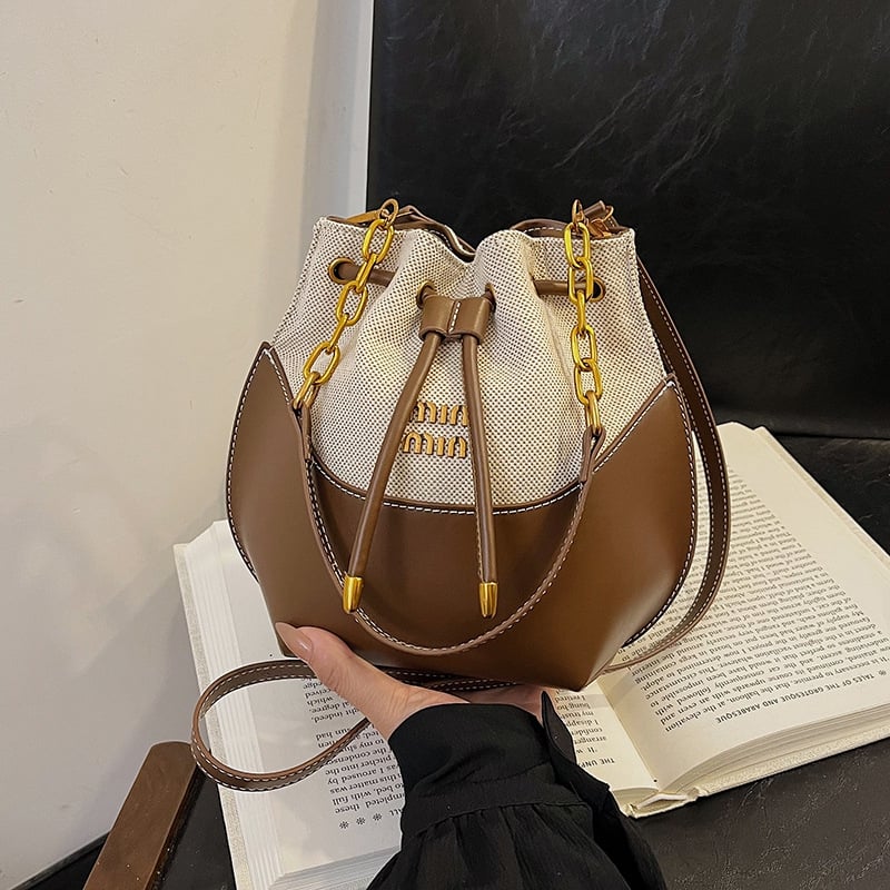 Geantă bucket cu lanț pentru femei, patchwork din in, mică, pentru umăr sau crossbody, primăvară 2026