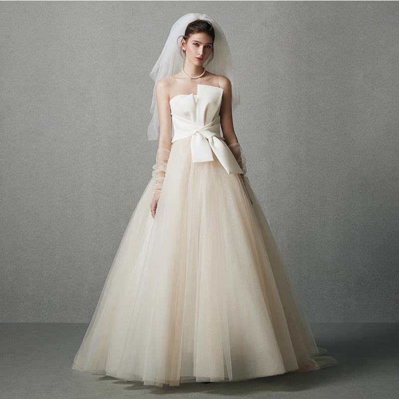 Rochie de mireasă pentru gravide, simplă și ușoară, talie înaltă, croială ce subțiază silueta, cu funda, lungă până la podea, satin, mărime mare