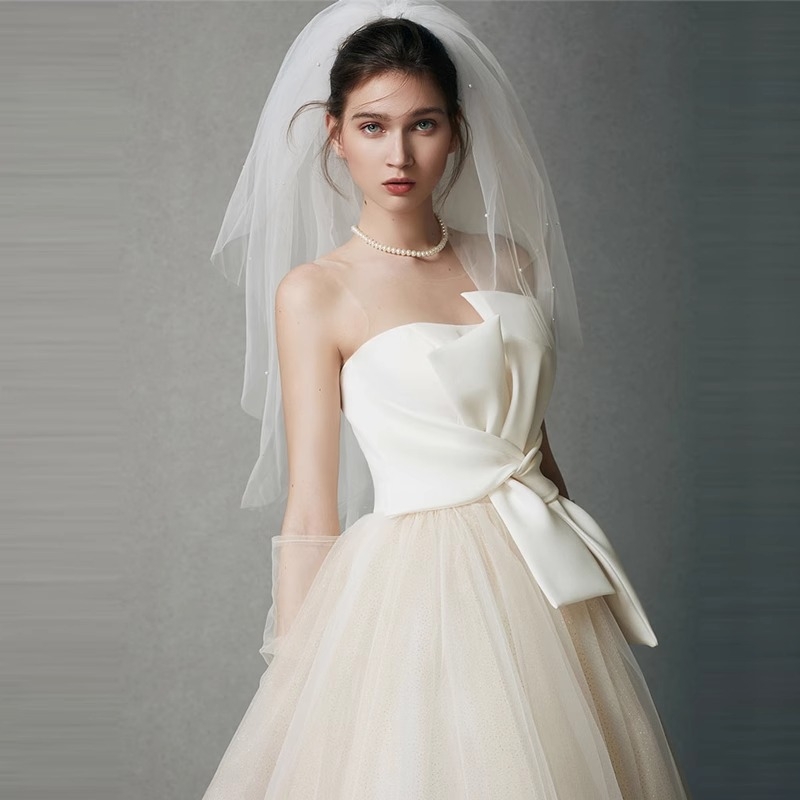 Rochie de mireasă pentru gravide, simplă și ușoară, talie înaltă, croială ce subțiază silueta, cu funda, lungă până la podea, satin, mărime mare