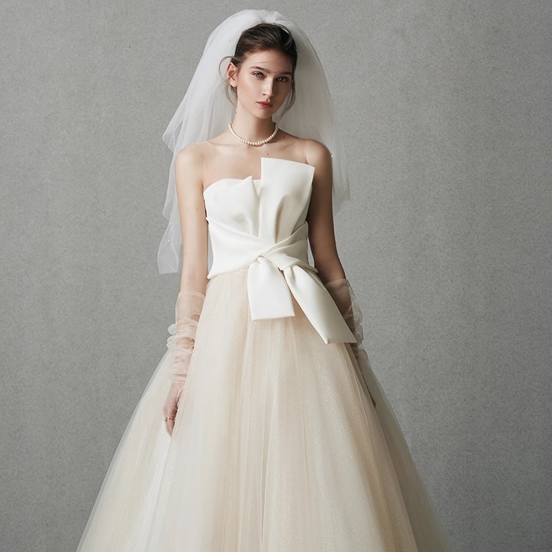 Rochie de mireasă pentru gravide, simplă și ușoară, talie înaltă, croială ce subțiază silueta, cu funda, lungă până la podea, satin, mărime mare