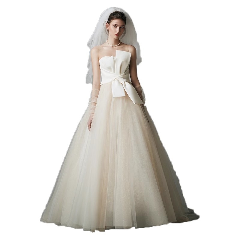 Rochie de mireasă pentru gravide, simplă și ușoară, talie înaltă, croială ce subțiază silueta, cu funda, lungă până la podea, satin, mărime mare