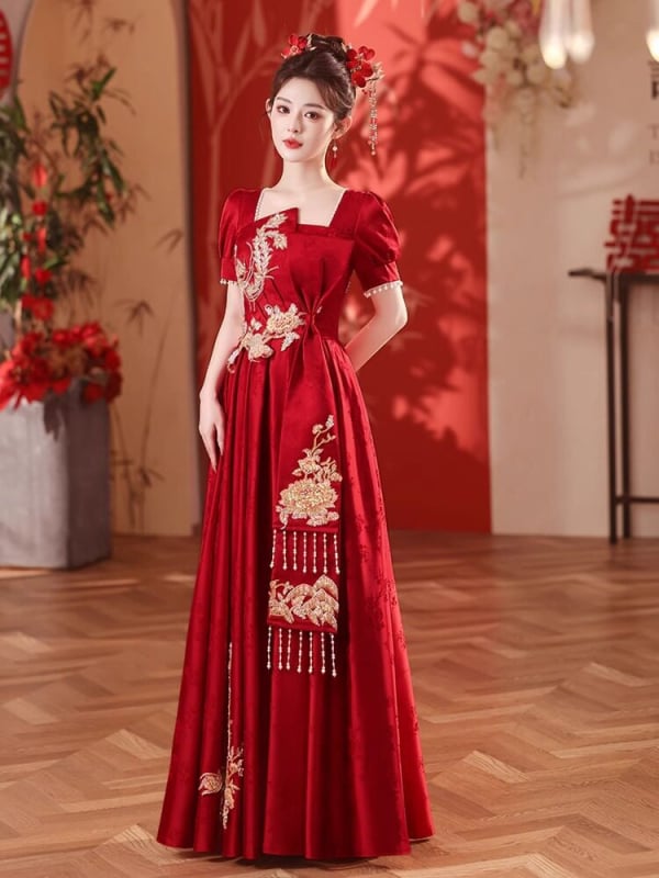 Rochie de seară din satin pentru vară, stil chinez inspirat, croială slim, pentru evenimente de nuntă