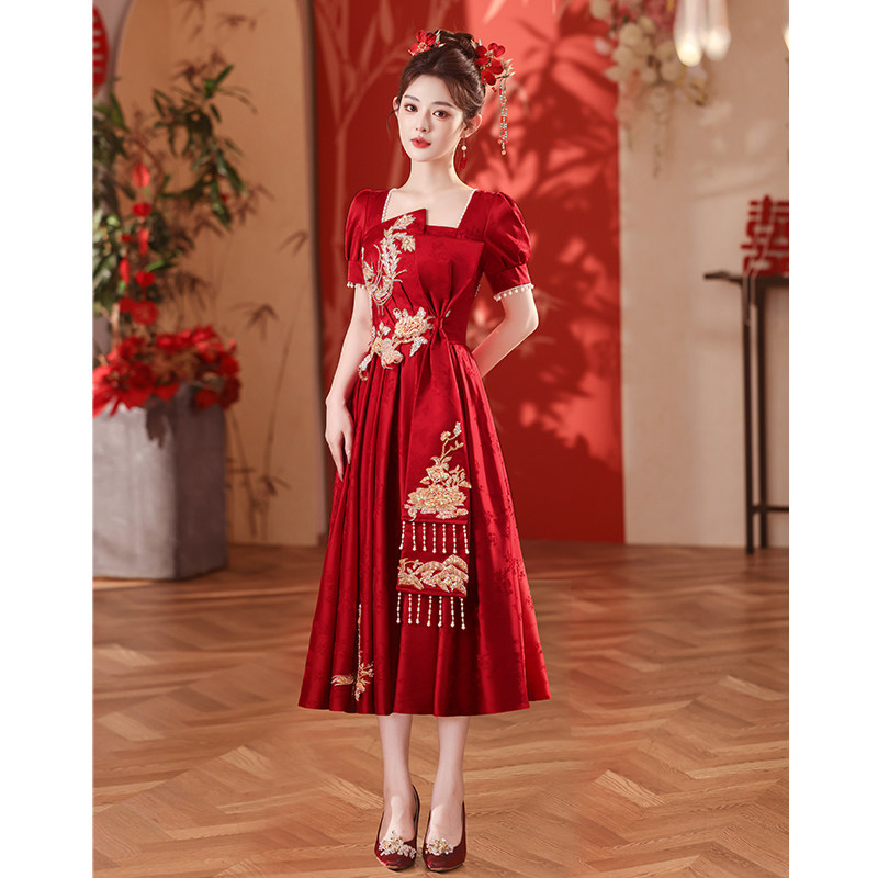 Rochie de seară din satin pentru vară, stil chinez inspirat, croială slim, pentru evenimente de nuntă