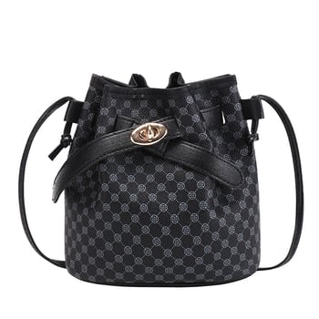 Geantă bucket retro clasică, mică crossbody din PVC, închidere cu șnur