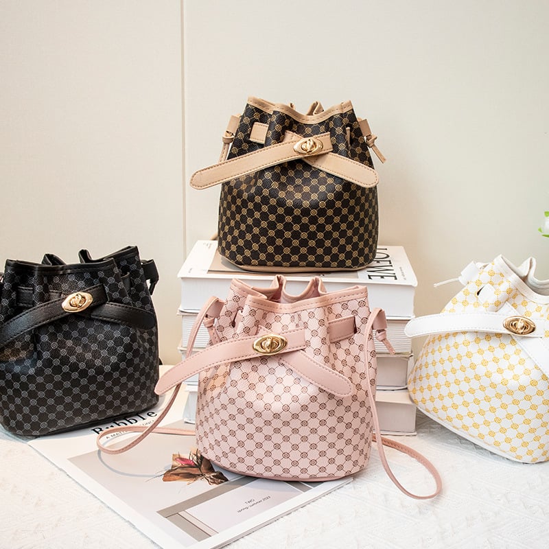 Geantă bucket retro clasică, mică crossbody din PVC, închidere cu șnur