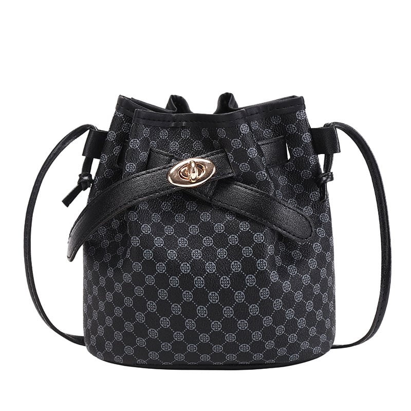 Geantă bucket retro clasică, mică crossbody din PVC, închidere cu șnur