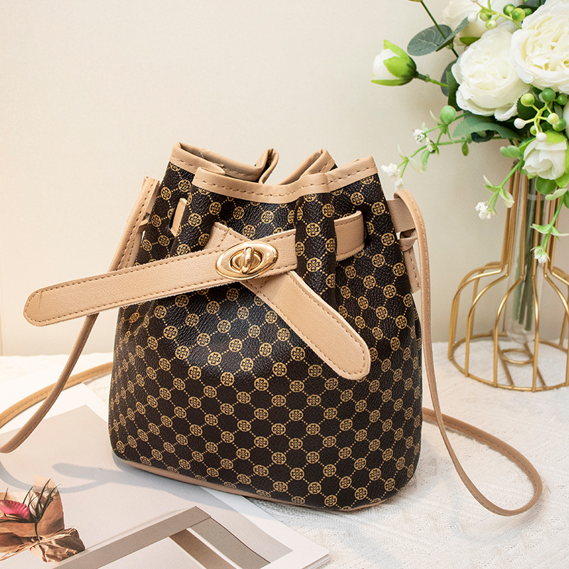 Geantă bucket retro clasică, mică crossbody din PVC, închidere cu șnur