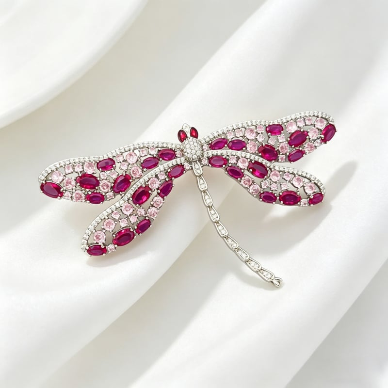 Broșă Dragonfly roz, în stil franțuzesc, din aliaj de cupru, zirconiu micro-incrustat, corind roșu, accesoriu elegant pentru hainele femeilor
