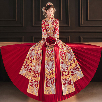 Rochie de mireasă Xiuhe, 2026, stil nou chinezesc, rochie de mireasă în croială slim, Dragon și Phoenix, cu strasuri.