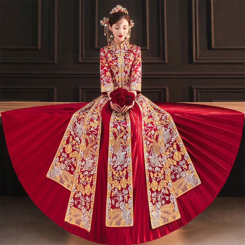 Rochie de mireasă Xiuhe, 2026, stil nou chinezesc, rochie de mireasă în croială slim, Dragon și Phoenix, cu strasuri.