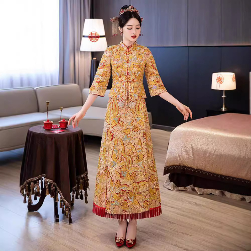 Rochie de mireasă Xiuhe, 2026, stil nou chinezesc, rochie de mireasă în croială slim, Dragon și Phoenix, cu strasuri.
