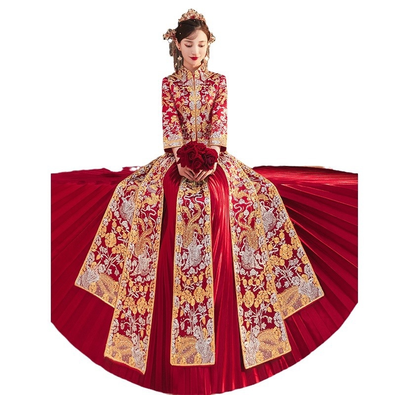 Rochie de mireasă Xiuhe, 2026, stil nou chinezesc, rochie de mireasă în croială slim, Dragon și Phoenix, cu strasuri.