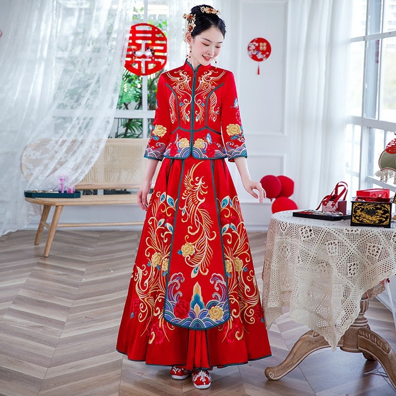 Rochie de mireasă Xiuhe, 2026, stil nou chinezesc, rochie de mireasă în croială slim, Dragon și Phoenix, cu strasuri.