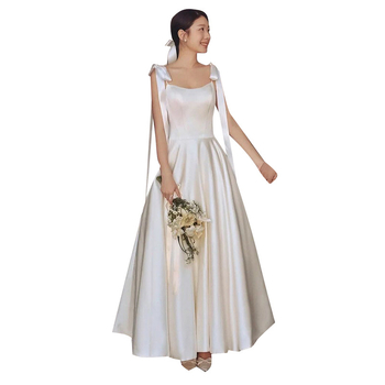 Rochie de mireasă în stil francez, satin ușor, bretele subțiri cu fundă, fără mâneci, lungă în croială A, model nou 2026, pentru logodnă și ceremonie civilă