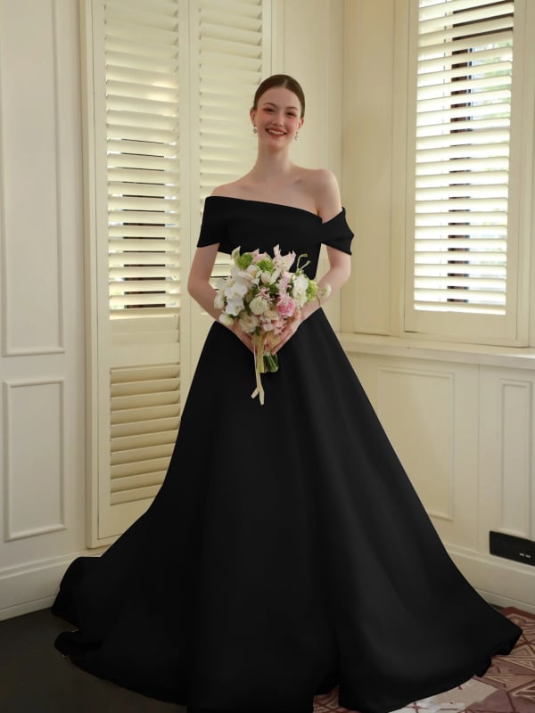 Rochie de mireasă în stil franțuzesc, lungă până la podea, decolteu pe un umăr, organza satin, tren lung, model nou 2026, textură de înaltă calitate