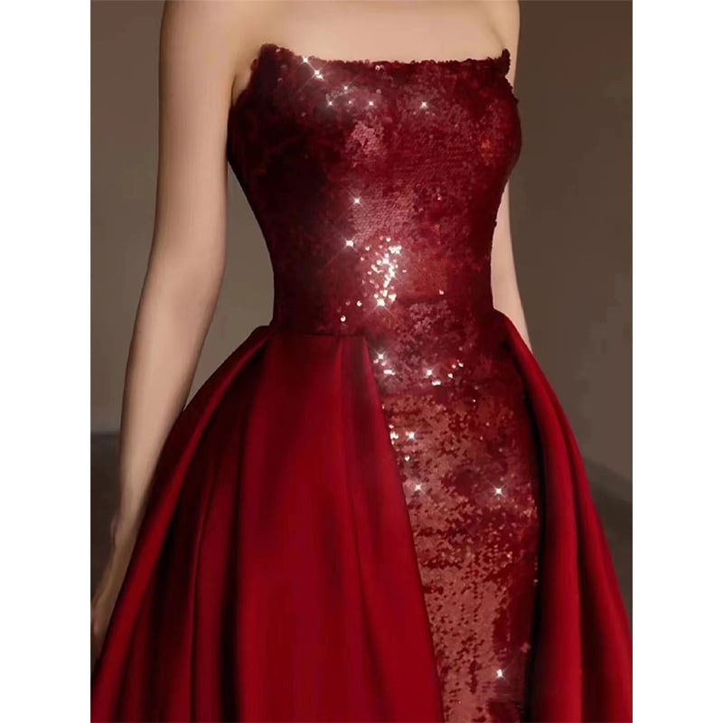 Rochie de seară roșu vin cu paiete, fără bretele, cu trenă