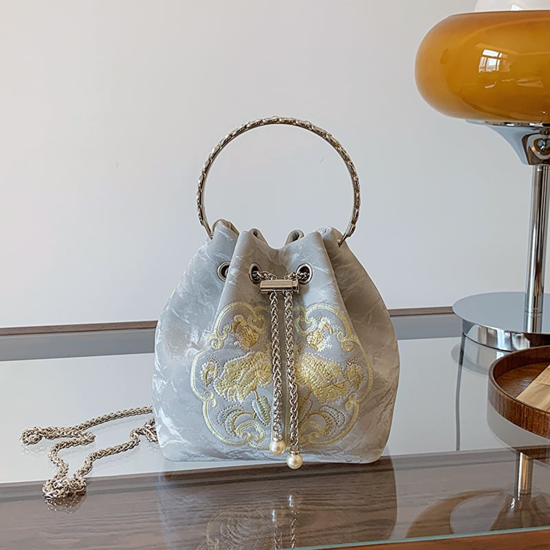 Geantă de damă brodată în stil chinezesc, vară 2026, geantă bucket cu curea crossbody