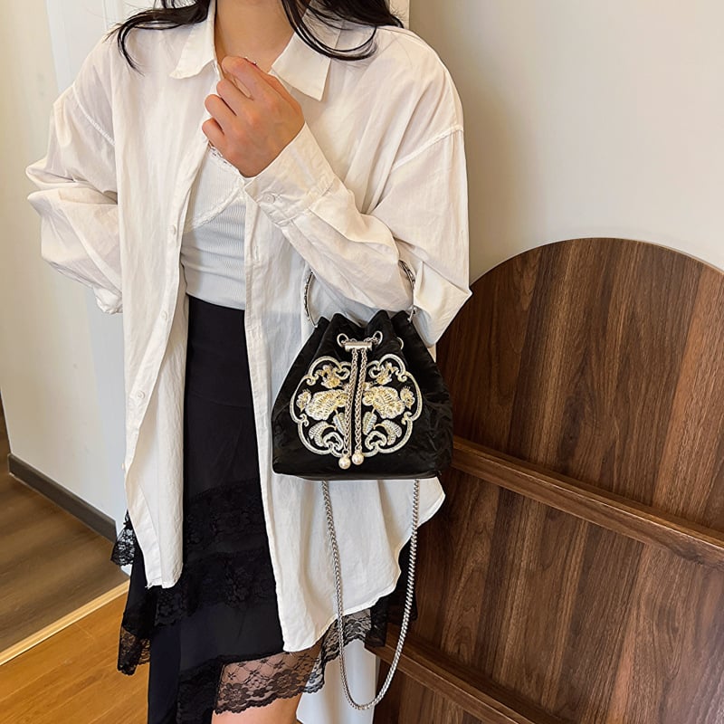 Geantă de damă brodată în stil chinezesc, vară 2026, geantă bucket cu curea crossbody