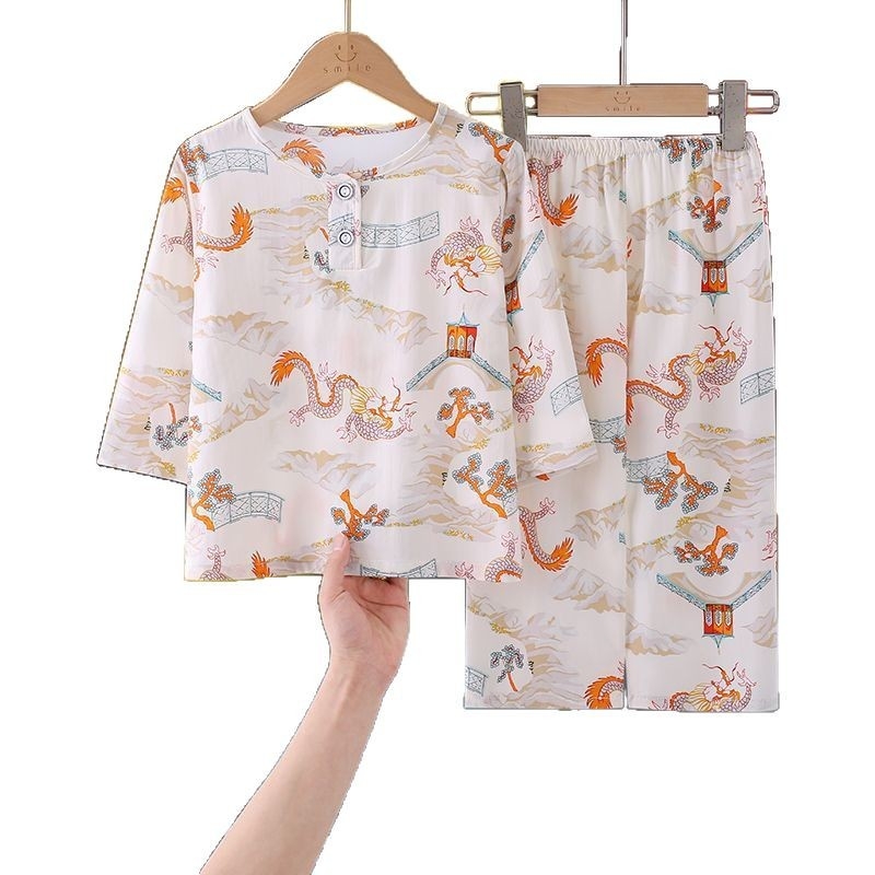 Set de pijamale pentru copii din Lyocell, vară, unisex, cu mânecă lungă, pentru băieți și fete