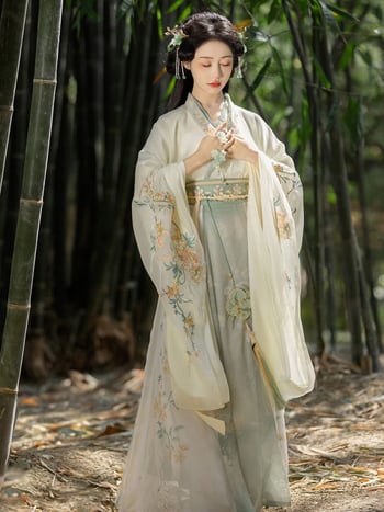 Hanfu original Nanzhi Lane pentru femei: stil Wei Jin și dinastiile Nord-Sud, mâneci largi, guler încrucișat, set cu fustă brodată până la talie