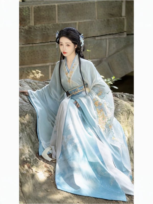 Hanfu original Nanzhi Lane pentru femei: stil Wei Jin și dinastiile Nord-Sud, mâneci largi, guler încrucișat, set cu fustă brodată până la talie