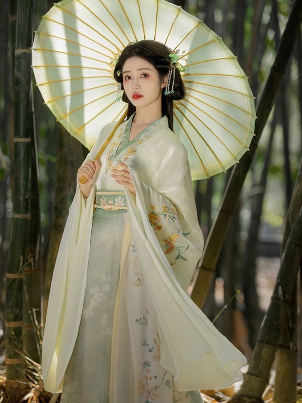 Hanfu original Nanzhi Lane pentru femei: stil Wei Jin și dinastiile Nord-Sud, mâneci largi, guler încrucișat, set cu fustă brodată până la talie