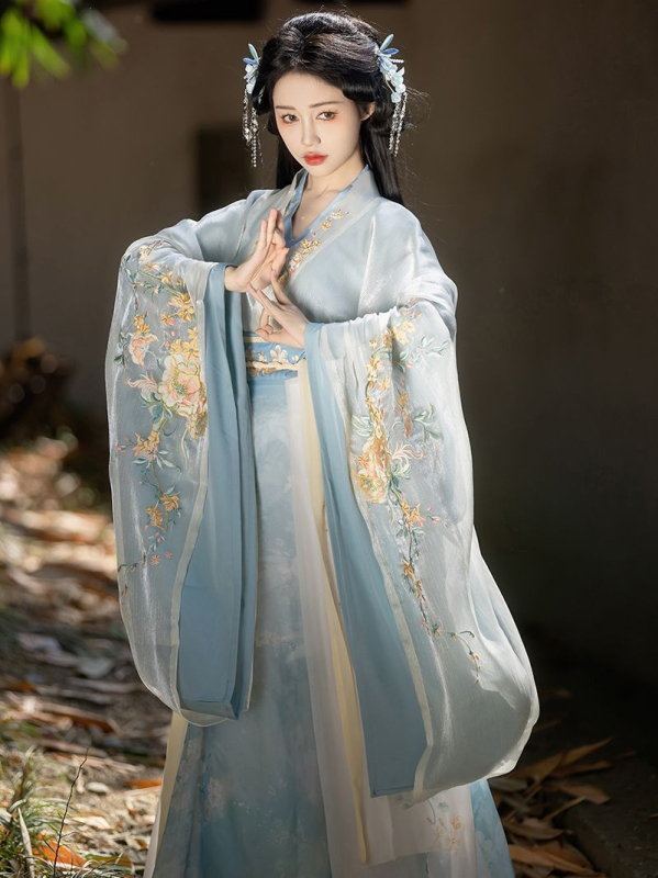Hanfu original Nanzhi Lane pentru femei: stil Wei Jin și dinastiile Nord-Sud, mâneci largi, guler încrucișat, set cu fustă brodată până la talie