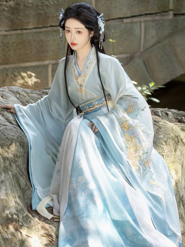 Hanfu original Nanzhi Lane pentru femei: stil Wei Jin și dinastiile Nord-Sud, mâneci largi, guler încrucișat, set cu fustă brodată până la talie
