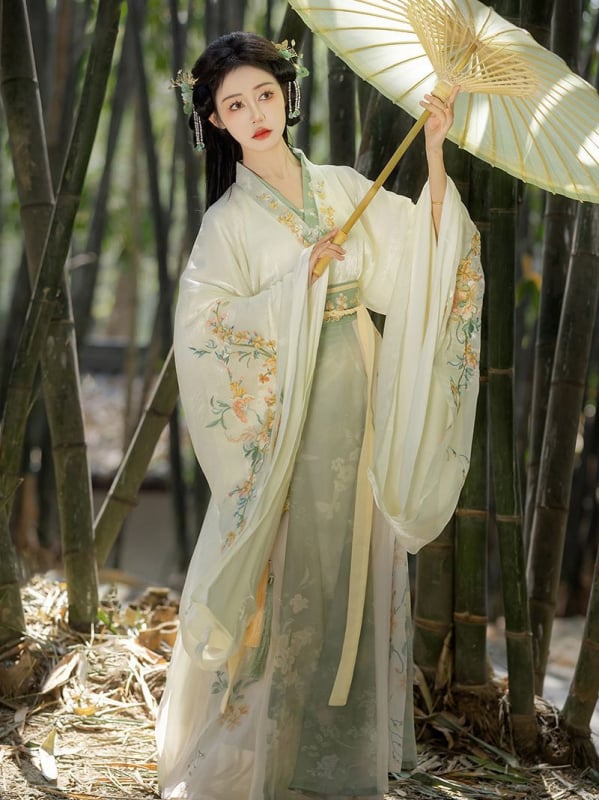 Hanfu original Nanzhi Lane pentru femei: stil Wei Jin și dinastiile Nord-Sud, mâneci largi, guler încrucișat, set cu fustă brodată până la talie